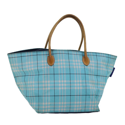 Luxury BurberrySs Nova Check Blue Label Tote Bag Nylon Light Blue Silver Auth 88783