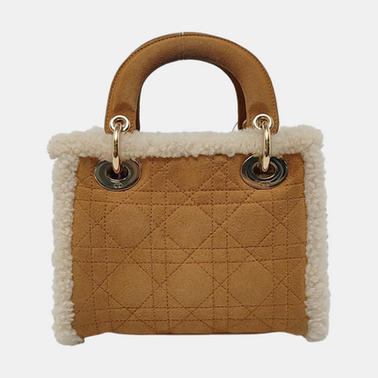 Lady Dior Mini Handbag Brown Leather Shearling Gold Hardware