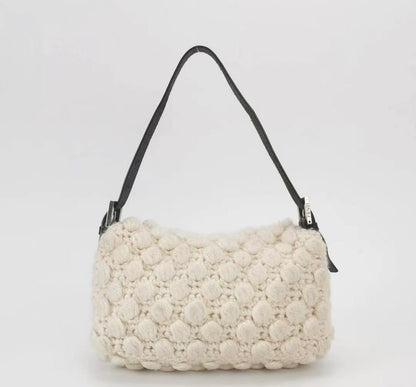 Fendi Baguette Bag White Wool Pompom Shoulder Bag