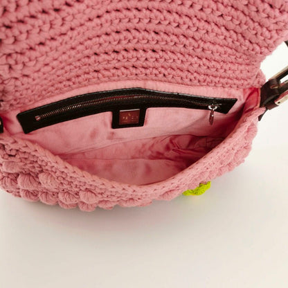 Fendi Baguette Bag Pink Crochet Knit Wool Pompom and Flowers Shoulder Bag