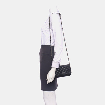 Chanel Wallet on Chain Classic Flap Black Lambskin Leather Silver Hardware
