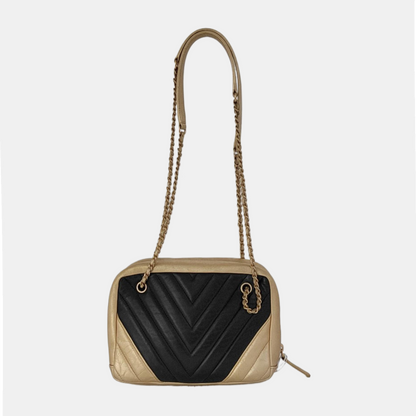 Chanel Camera Bag Chevron Stitching Black Gold Lambskin Leather Double Gold Chain, 2014