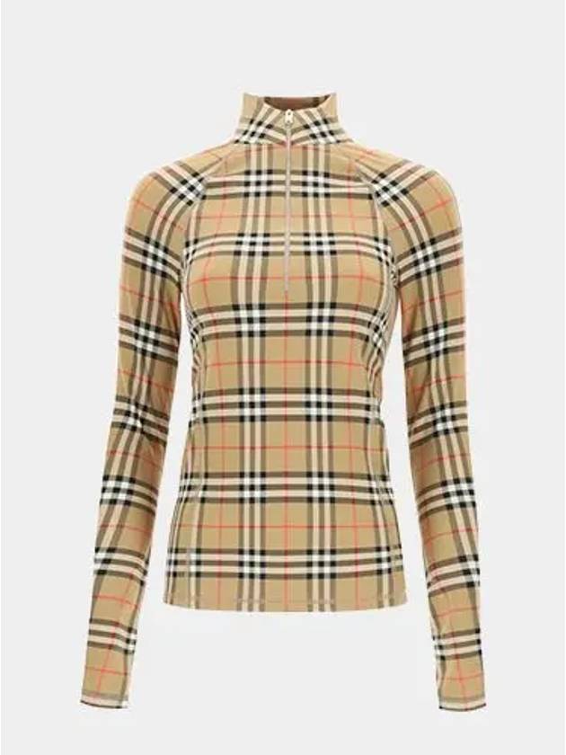 Luxury Burberry WoMen's Check Stretch Jersey Half Zip Up Long Sleeve T-Shirt Beige