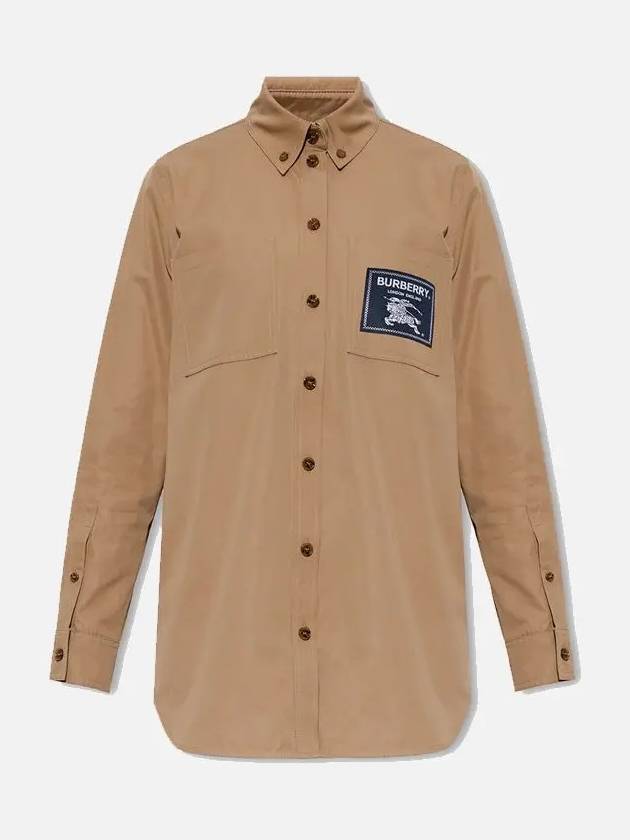 Luxury Burberry WoMen's Logo Patch Cotton Long Sleeve Shirt Camel