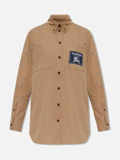 Luxury Burberry WoMen's Logo Patch Cotton Long Sleeve Shirt Camel