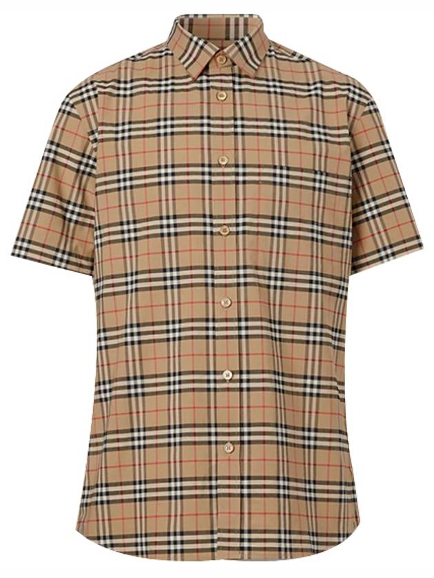 Luxury Burberry Small Scale Check Stretch Short Sleeve Shirt Archive Beige