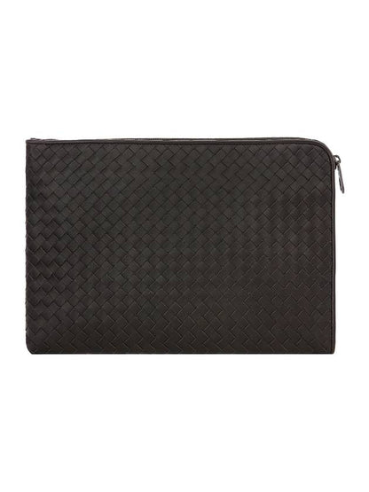 Luxury Bottega Veneta Intrecciato Weaving Zipper Clutch Bag Black Brown
