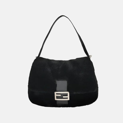 Fendi Mamma Baguette Black Faux Fur Shoulder Bag