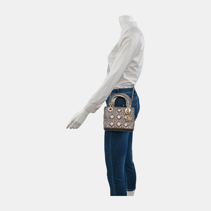 Lady Dior Mini Metallic Grey Cannage Lambskin Gold Hardware Chain Strap