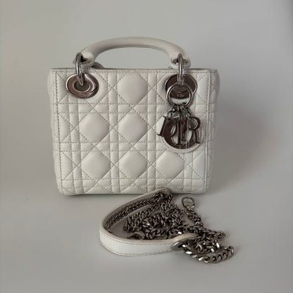 Lady Dior Mini White Lambskin Leather Silver HW Chain Strap 2018