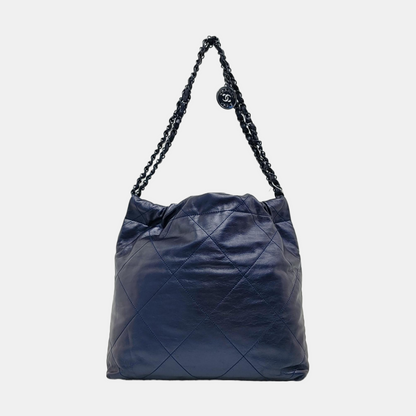 Chanel 22 Hobo Bag Medium Shiny Calfskin Leather Metallic Navy