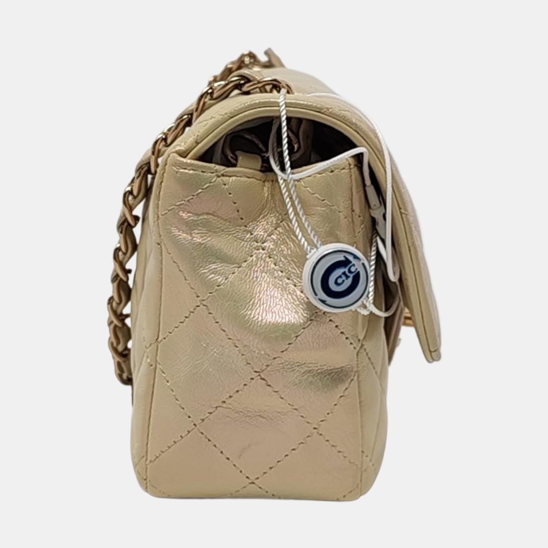 Chanel Classic Flap Rectangular Mini Pearlescent Gold Champagne Lambskin Leather Gold Hardware