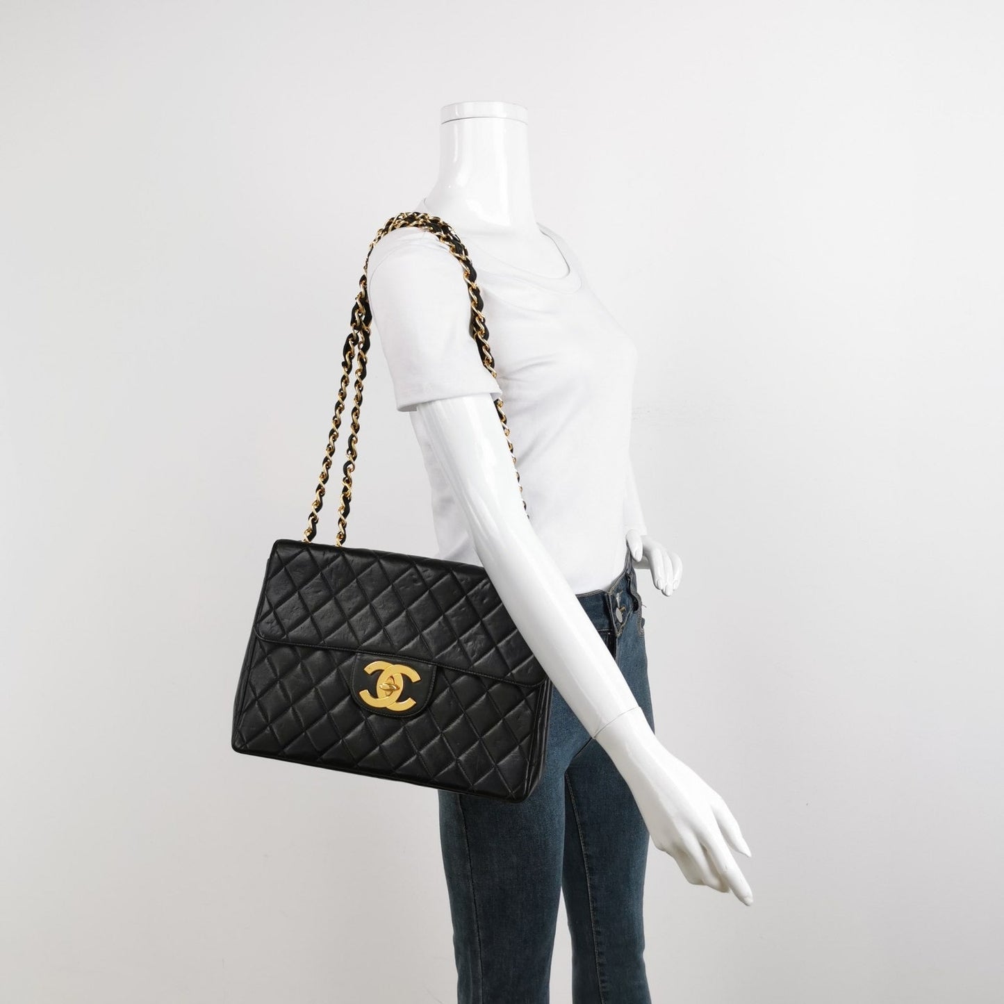 Chanel Classic Flap Large 1994 Vintage Black Lambskin Leather 24k Gold Plated Mega CC Logo