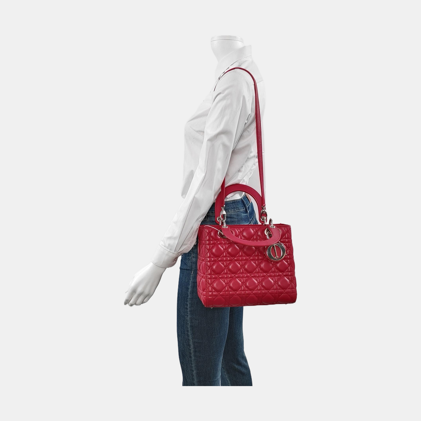 Lady Dior Medium Red Lambskin Leather Gold Hardware Leather Strap