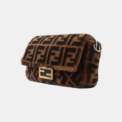 Fendi Baguette Medium Shearling Vitello Dolce Marco FF 1974 Tobacco Black Brown Zucca