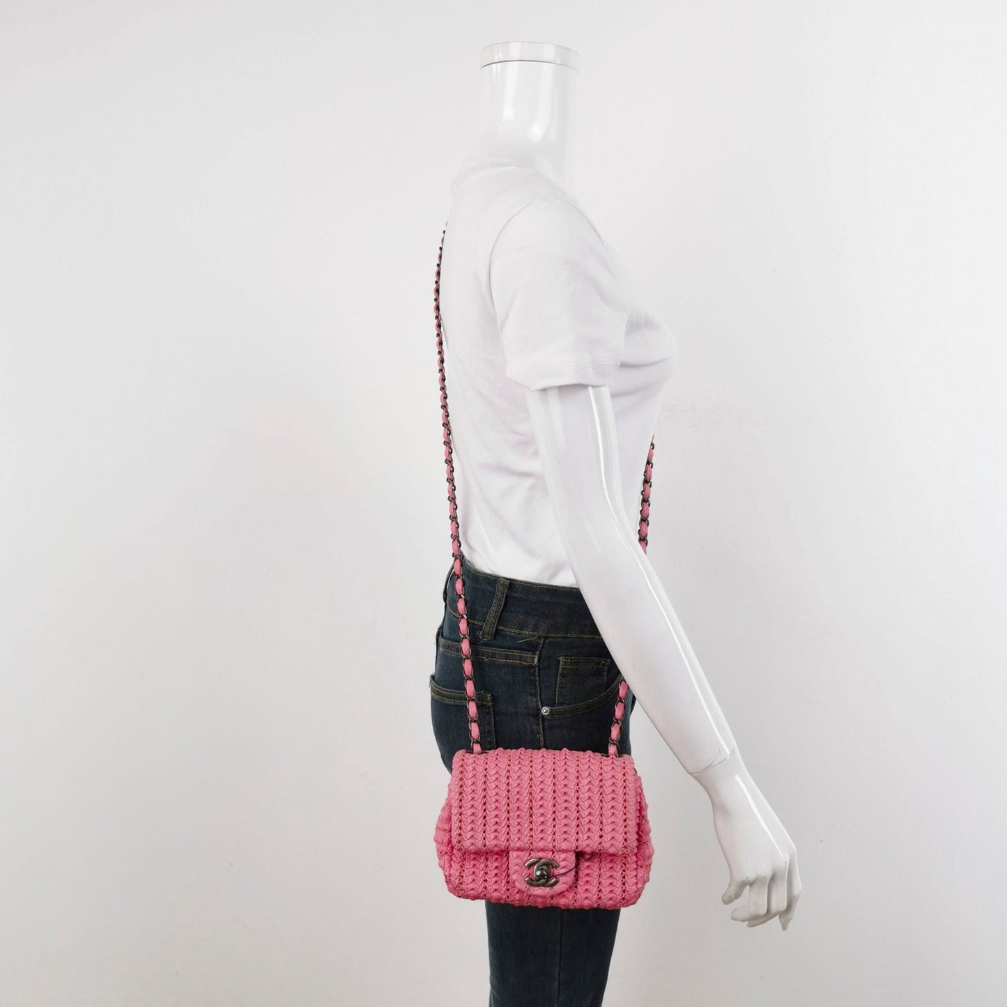 Chanel Mini Square Classic Flap Pink CC Paris Seoul Crochet Leather
