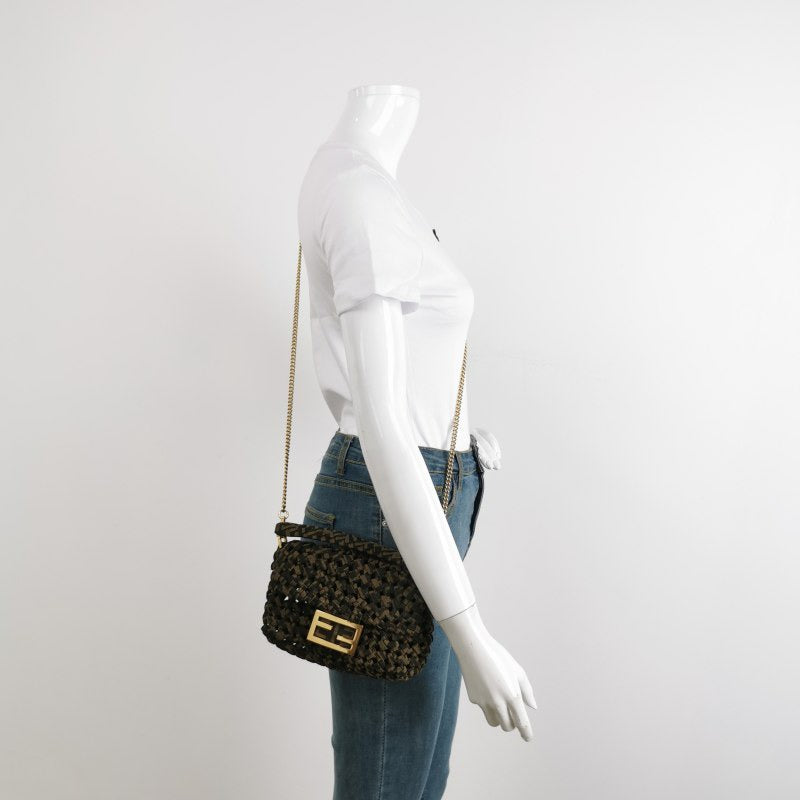 Fendi Baguette Mini Canvas Crochet Zucca Dark Green and Gold Hardware