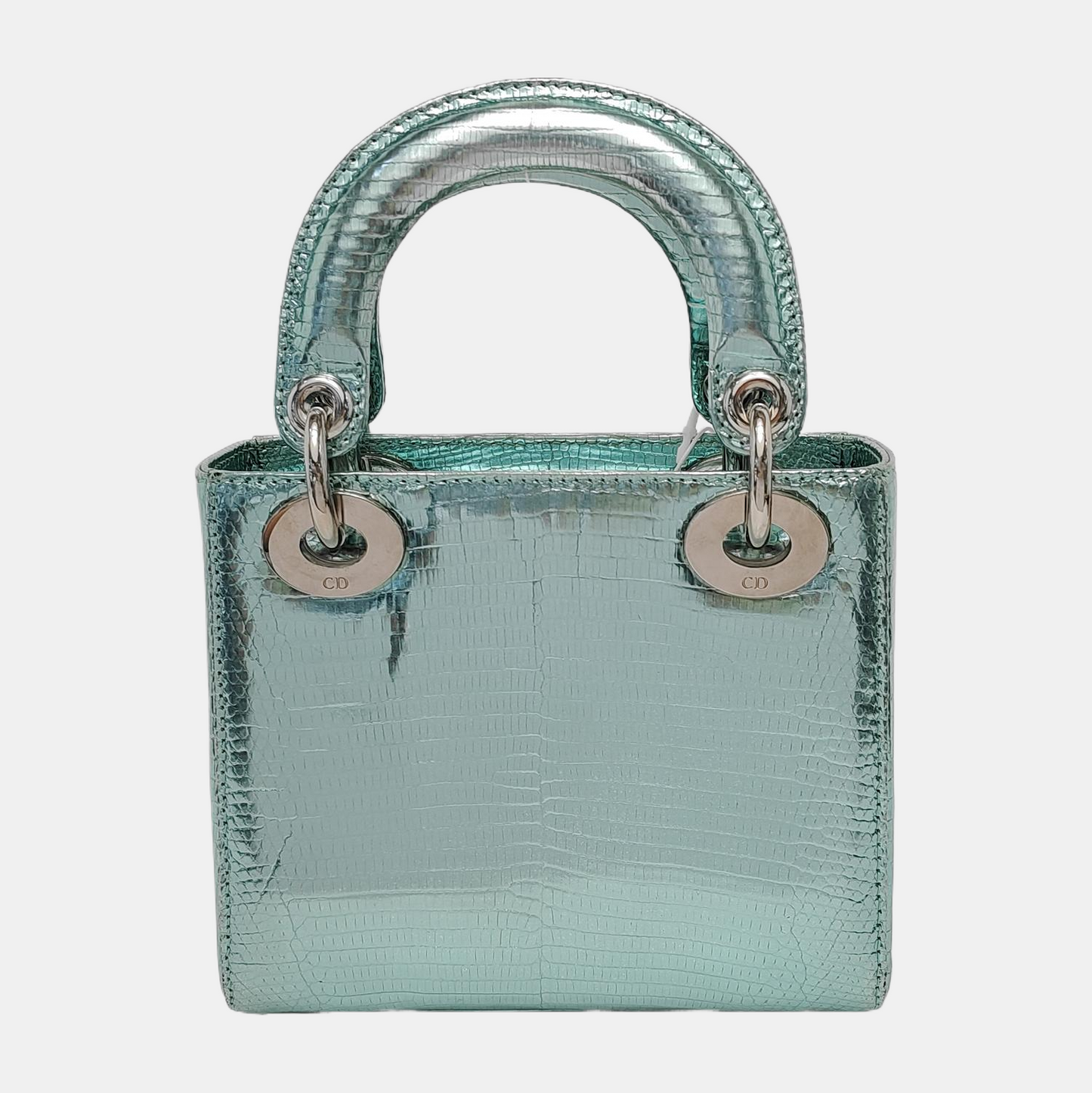 Lady Dior Mini Metallic Light Blue Lizard Skin Leather Silver Hardware Chain Strap