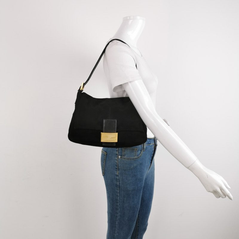Fendi Mamma Baguette Black Suede Leather Red Buckle