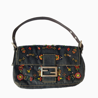 FENDI Baguette Blue Denim with beaded Flower Embroidery