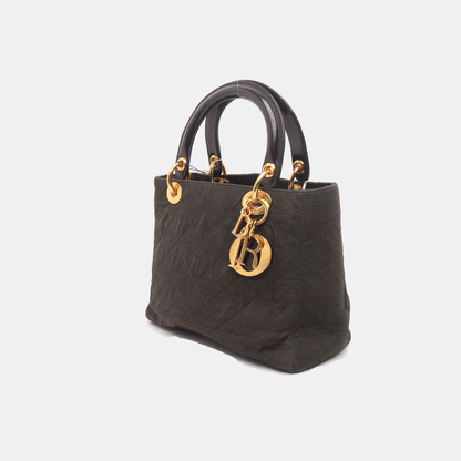 Lady Dior Vintage Medium Brown Nylon Cloth with Yellow Gold-tone Hardware
