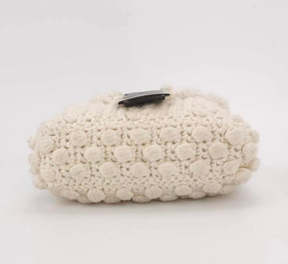 Fendi Baguette Bag White Wool Pompom Shoulder Bag