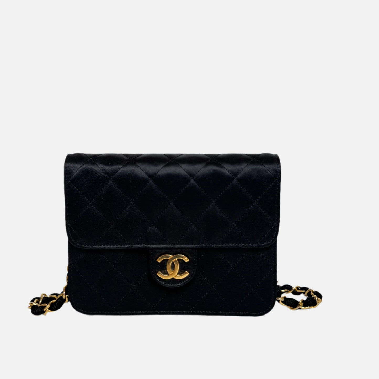 Chanel Vintage Square Wallet on Chain Black Silk Gold Hardware Crossbody Bag, 1986-1988