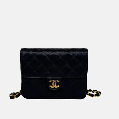 Chanel Vintage Square Wallet on Chain Black Silk Gold Hardware Crossbody Bag, 1986-1988