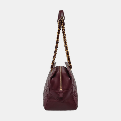 Chanel Petite Shopping Tote PTT Burgundy Lambskin Leather Gold-Tone Chain Shopping Bag