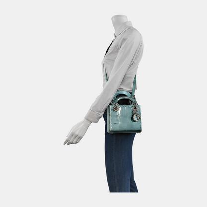 Lady Dior Mini Metallic Light Blue Lizard Skin Leather Silver Hardware Chain Strap