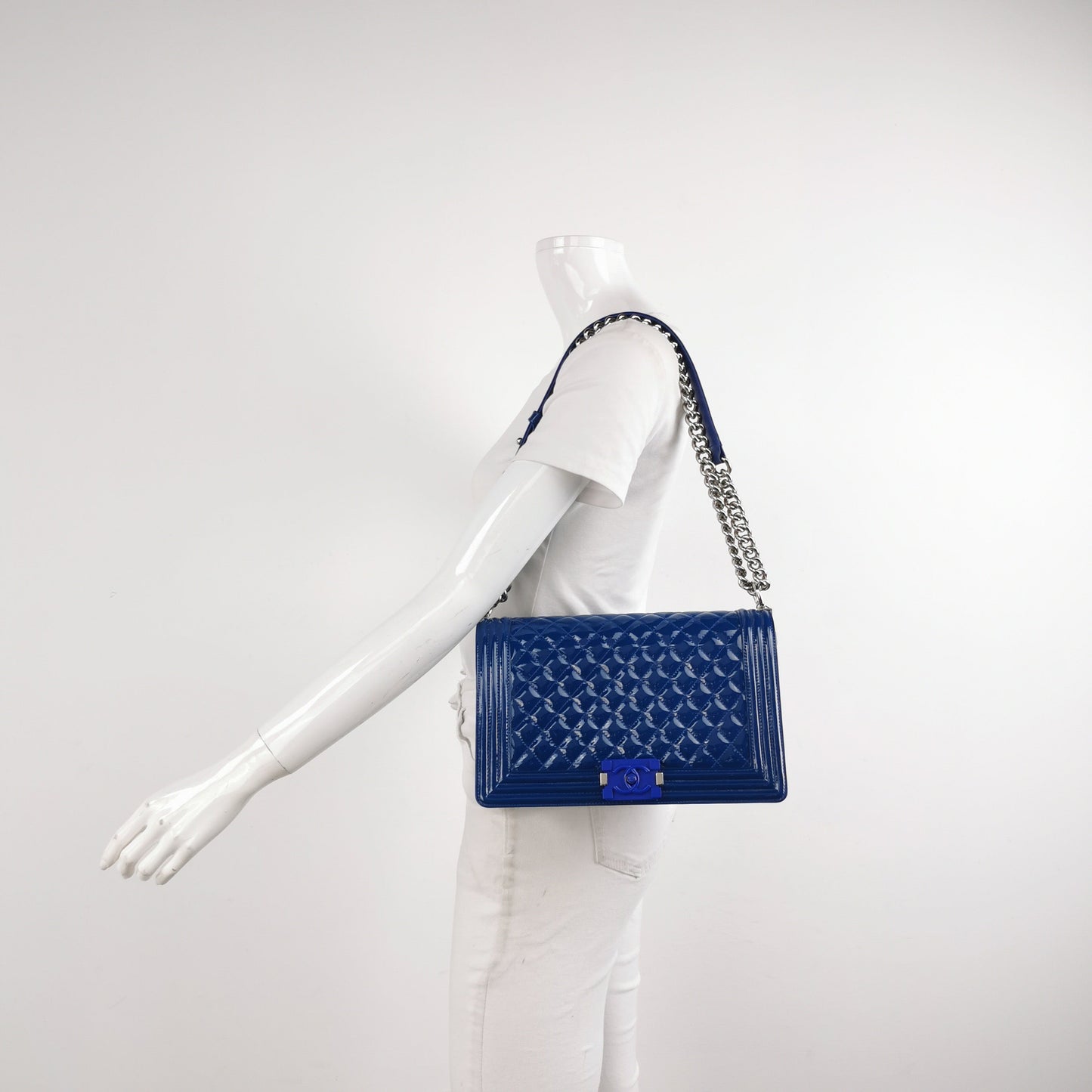 Chanel Le Boy Large Royal Blue Patent Leather Silver Hardware 2014-2015
