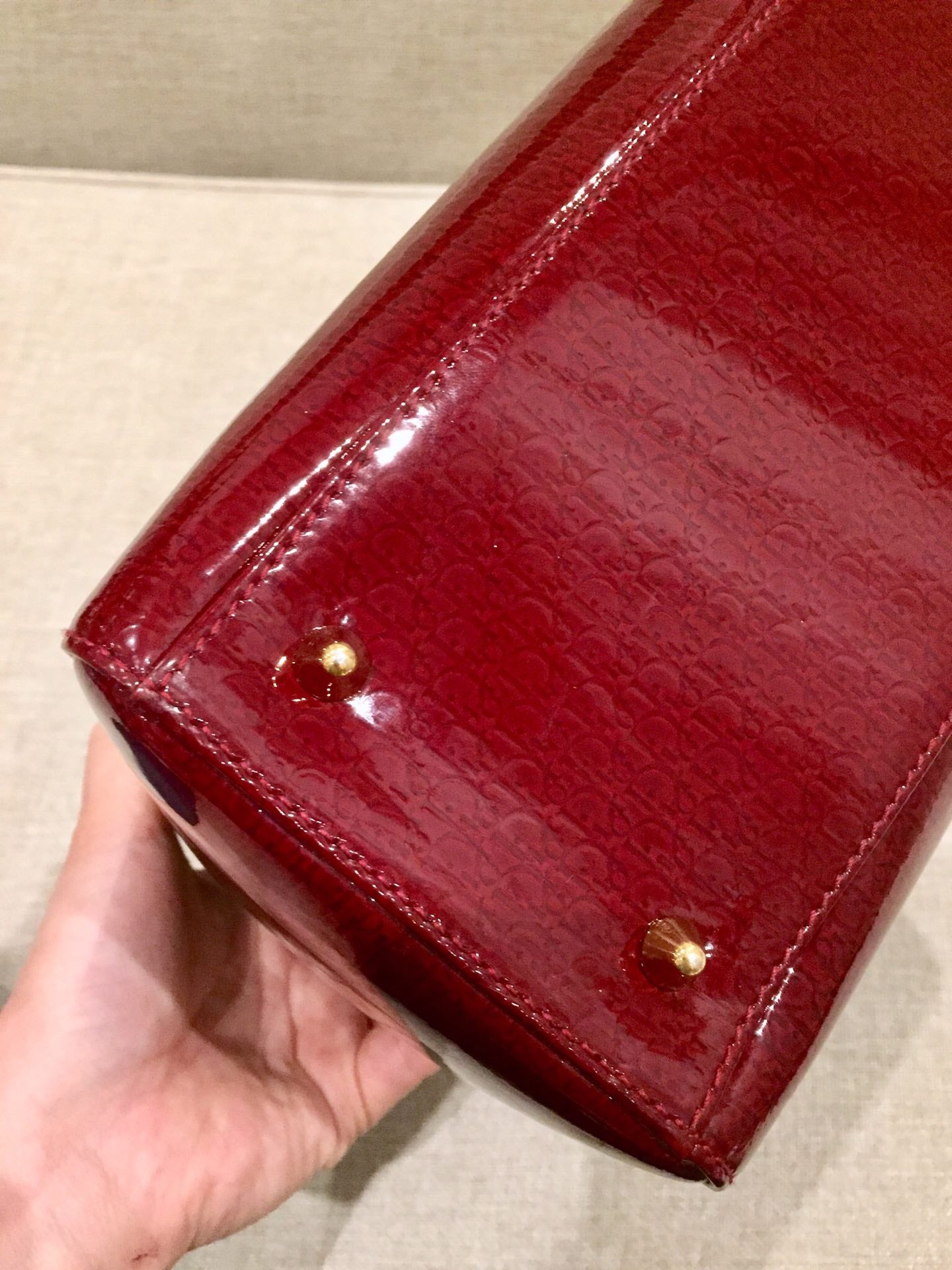 Lady Dior Vintage Medium Red Patent Leather Monogram Embossed Handbag Gold Hardware