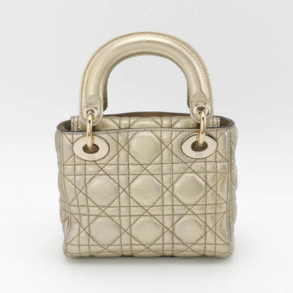 Lady Dior Mini Supple Calfskin Leather Gold Cannage Handbag with Strap