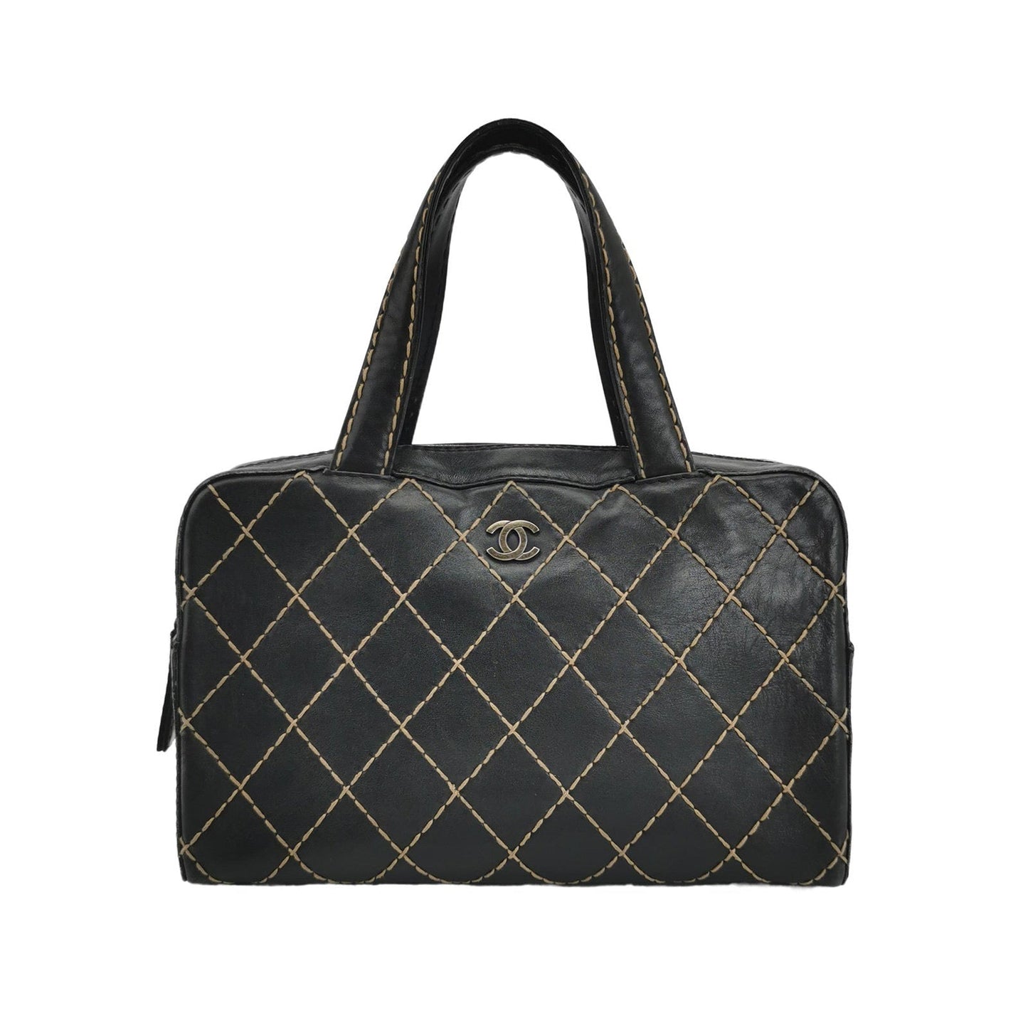 Chanel Surpique Zip Around Satchel Black Quilted Wild Stitch Leather Large
