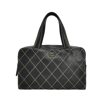 Chanel Surpique Zip Around Satchel Black Quilted Wild Stitch Leather Large