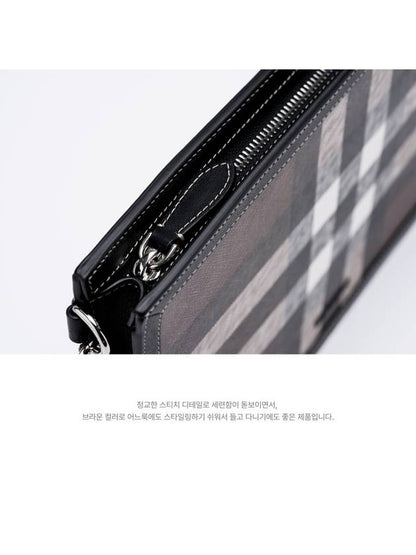 Luxury Burberry Check Leather Zipper Clutch Bag Brown