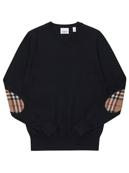 Luxury Burberry Check Patch Merino Wool Knit Top Black