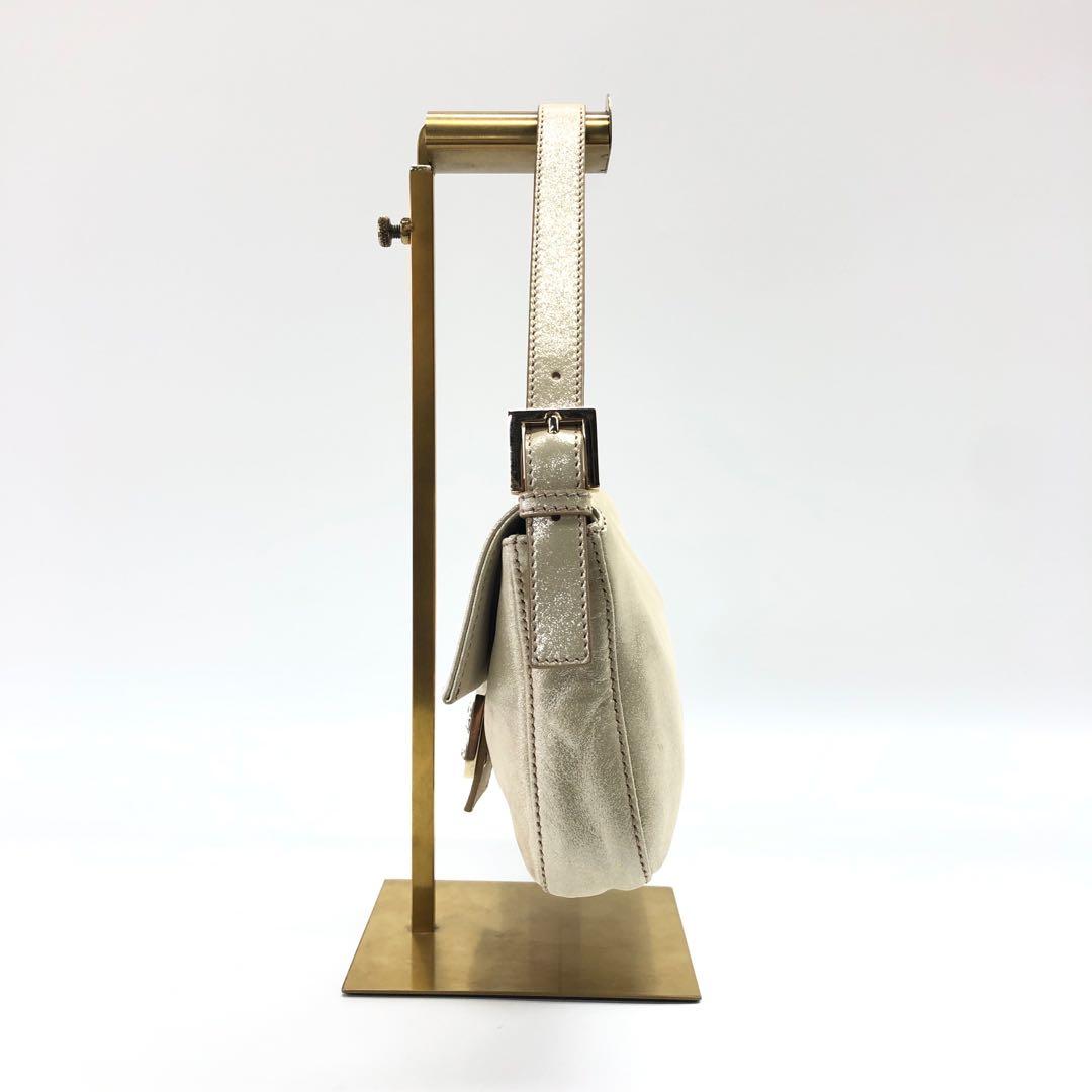 FENDI Baguette 1997 White Pearlescent Fabric Crystal Buckle Shoulder Bag