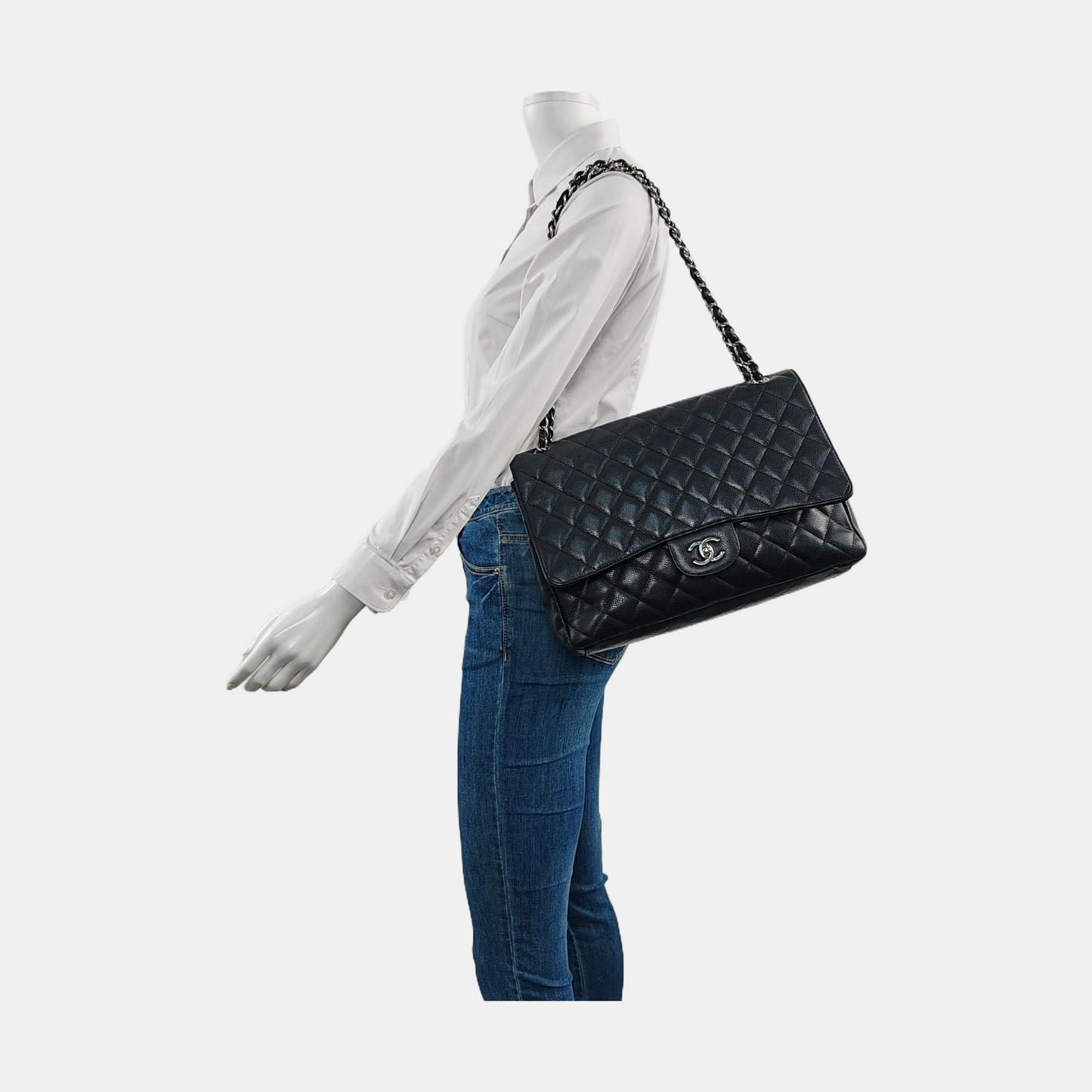 Chanel Classic Flap Maxi Black Caviar Leather Single Flap with Silver Hardware