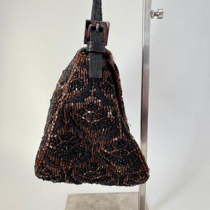 Fendi Mini Mamma Baguette Brown Glitter Beads Floral Embroidery