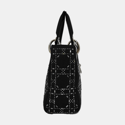 Lady Dior Mini Black Silk with Crystals Silver Hardware