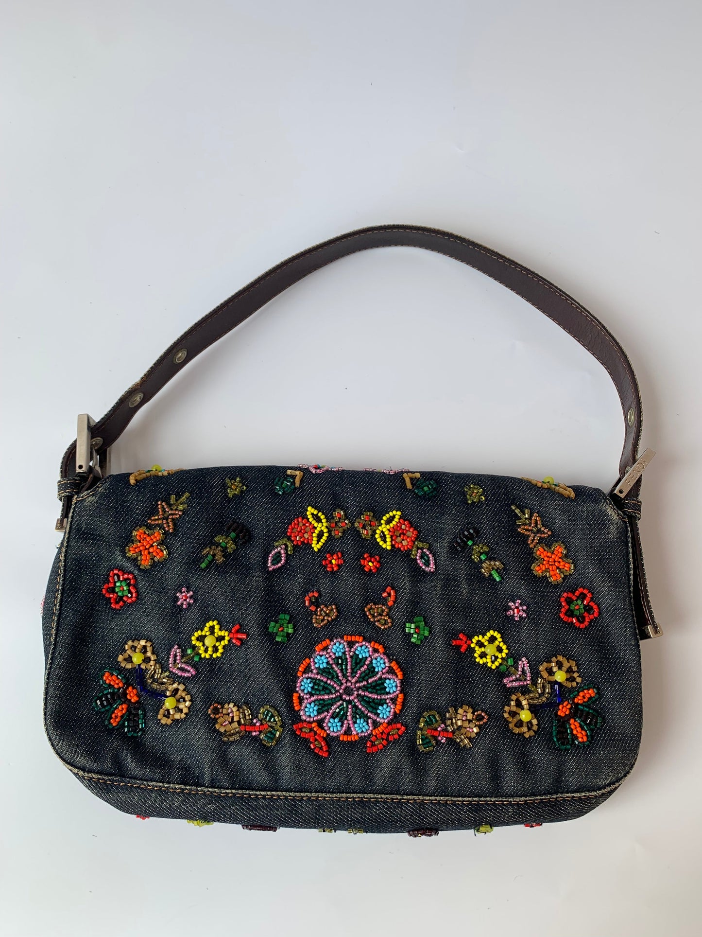 FENDI Baguette Blue Denim with beaded Flower Embroidery