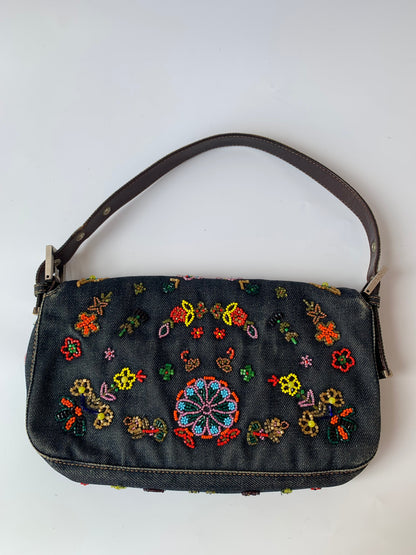 FENDI Baguette Blue Denim with beaded Flower Embroidery