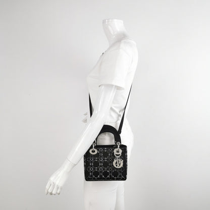 Lady Dior Mini Black Silk with Crystals Silver Hardware