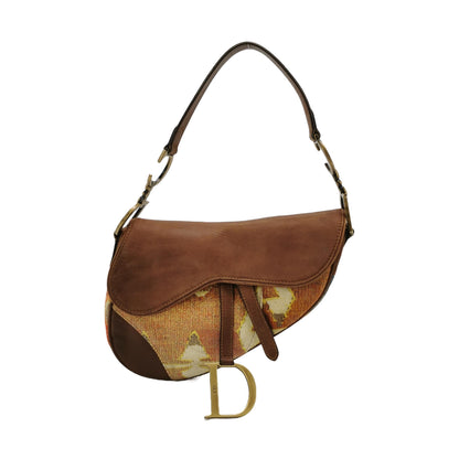Dior Saddle Vintage Brown Leather Printed Velvet Gold Hardware Shoulder Bag