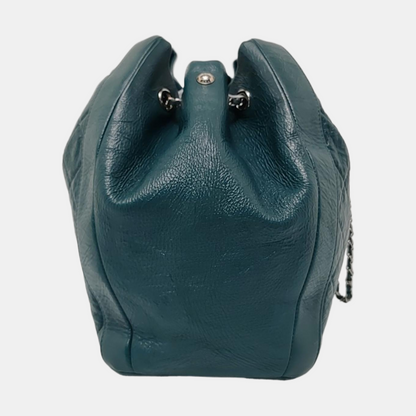 Chanel Gabrielle Drawstring Bucket Bag Medium Dark Green Calfskin Leather Silver Hardware