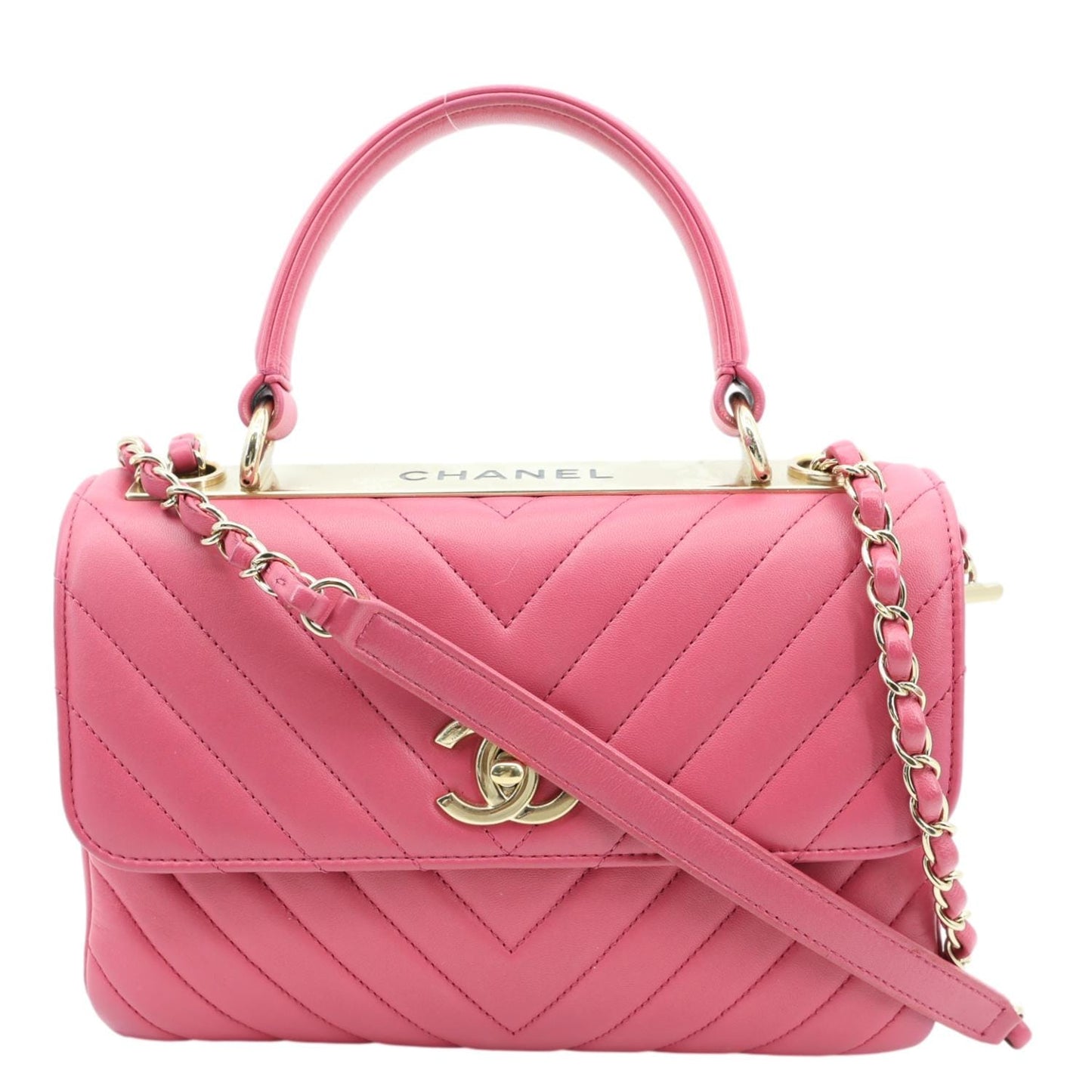 CHANEL Trendy CC Small Chevron Leather Top Handle Shoulder Bag Pink