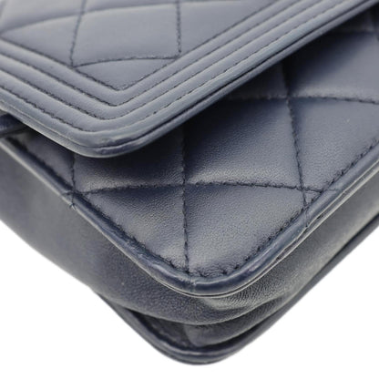 CHANEL Boy Quilted Calfskin Leather Wallet On Chain Crossbody Bag Navy Blue