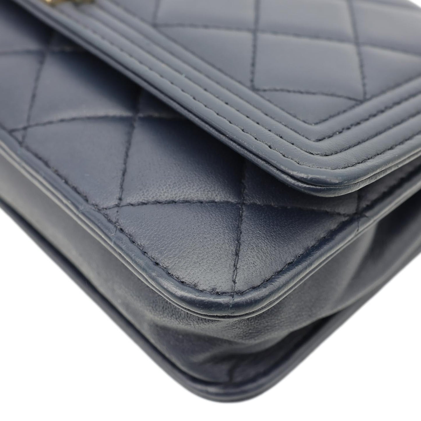 CHANEL Boy Quilted Calfskin Leather Wallet On Chain Crossbody Bag Navy Blue