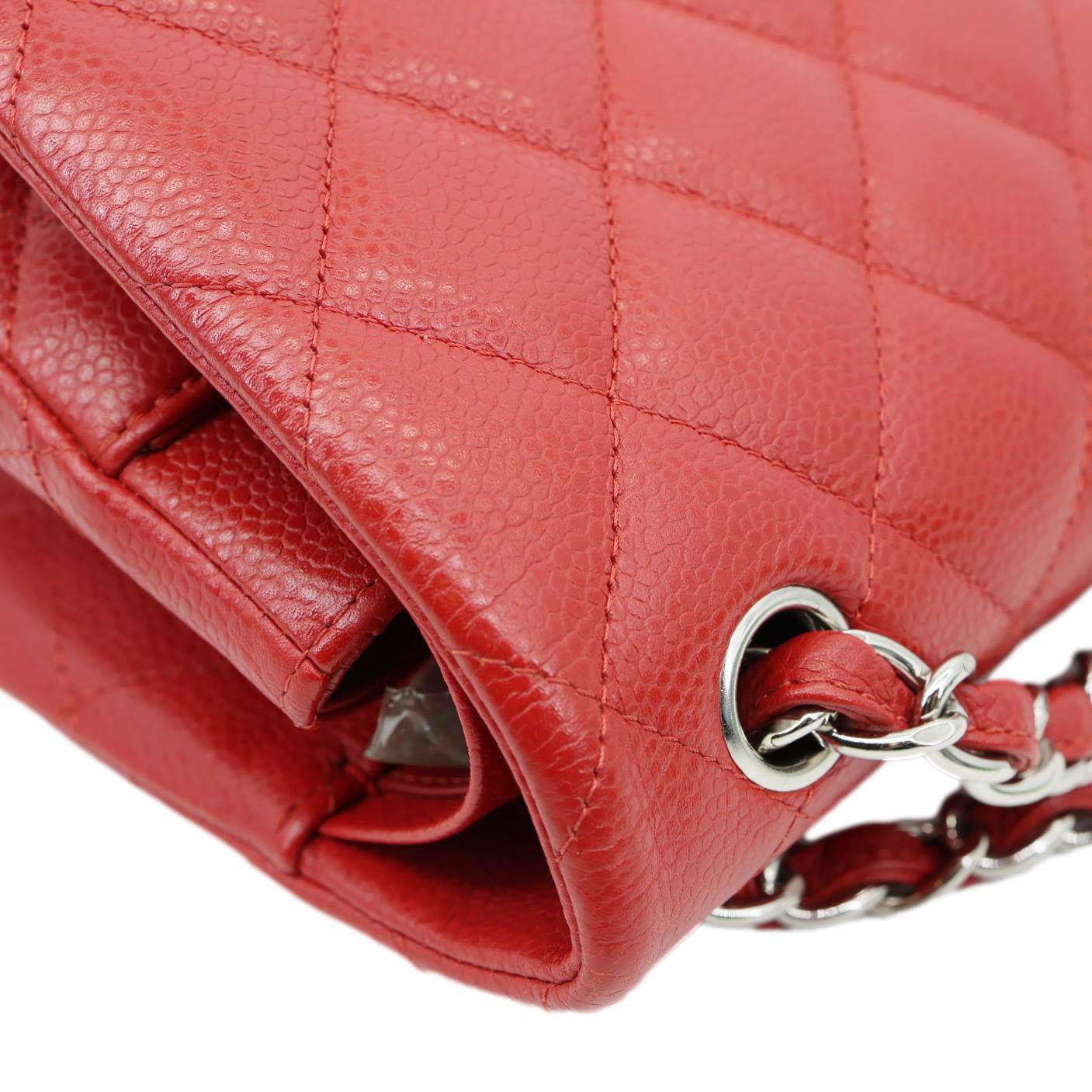 CHANEL Classic Jumbo Double Flap Quilted Caviar Leather Shoulder Bag Red